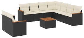 Set divani da giardino 10pz con cuscini in polyrattan nero