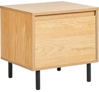 Comodino in truciolato di legno chiaro con 1 cassetto in metallo con gambe nere, minimalista e contemporaneo.