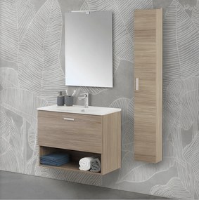 Mobile Bagno Sospeso 80 Cm Un Cassetto Vano a Giorno Specchio Con Lampada Led 62x78,5 Cm Feridras "Greta" Rovere Tropea