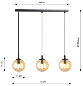 Sospensione Moderna 3 Luci Kali In Acciaio Nero E Sfere In Vetro Ambra