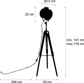 Lampada da terra a treppiede smart bronzo con faretto da studio in legno incl. WiFi A60 - Radient