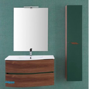 Mobile Bagno Sospeso "Minori" Da 90 Cm Composto Da Due Cassetti Ad Onda Finitura Noce Canaletto/Verde Bottiglia