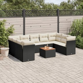 Set divani da giardino 10pz con cuscini in polyrattan nero