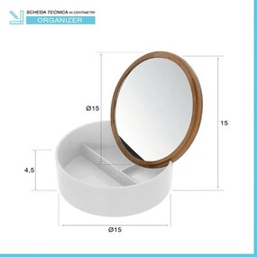 Porta trucchi da bagno tondo in plastica bianca e bamboo completo di specchio