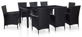 Set da pranzo per giardino 9 pz in polyrattan nero