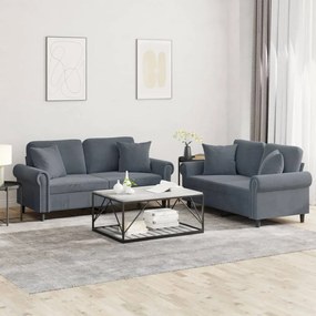 Set Di Divani 2 Pz Con Cuscini Grigio Scuro İn Velluto /
