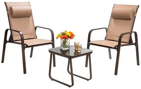 Costway Set 3 mobili da esterno con struttura in acciaio, Tavolino da caffè e 2 sedie impilabili con braccioli Marrone