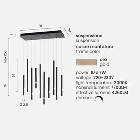 Lampada a sospensione LED a 10 Luci in metallo 70 cm verniciato Oro TUBIC