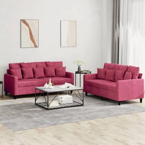 Set Di Divani 2 Pz Con Cuscini Rosso Vino İn Velluto /