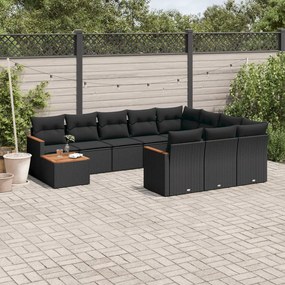 Set divani da giardino 11 pz con cuscini in polyrattan nero