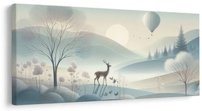 Quadro su tela – Paesaggio boschivo con cervo e montagne