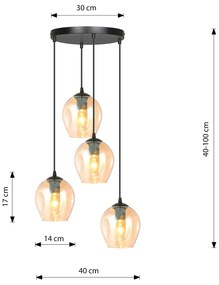 Lampadario 4 Luci Fuxi Base Tonda In Acciaio Nero E Vetri Ambra