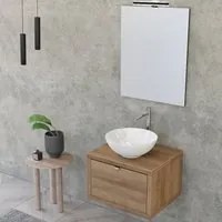 Composizione bagno sospesa Nyumba a 1 cassetto con lavabo, specchio con lampada LED 60x40 cm legno rovere