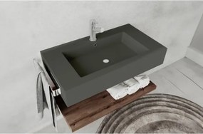 Lavabo Sospeso Antracite 80 Cm Con Mensola Effetto Legno E Specchio - Roma