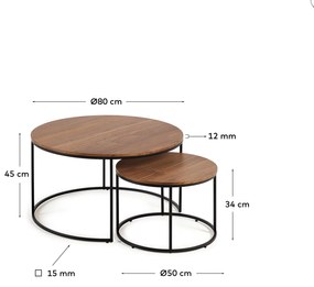 Kave Home - Set Yoana di 2 tavolini impiallacciati noce e metallo verniciato nero Ã˜ 80 cm/Ã˜ 50 cm