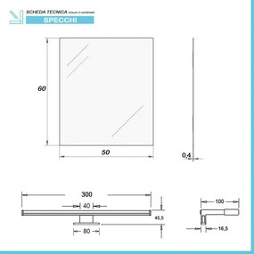 Specchio bagno 50x60 a filo reversibile con lampada naturale 30 cm