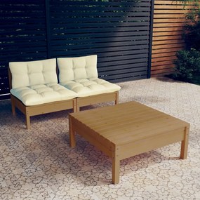 Set divani da giardino 3 pz con cuscini crema in legno di pino