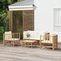 Set Salotto da Giardino 5pz con Cuscini Bianco Crema in Bamb