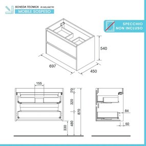 Mobile bagno sospeso 70 cm noce maya con lavabo ad incasso Gaya