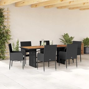 Set da pranzo da giardino 7 pz nero con cuscini in polyrattan