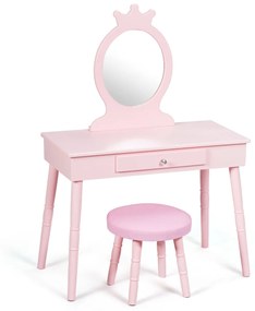 Costway Toeletta con specchio per bambini, Set tavolo e sedia toeletta con cassetti e sgabello imbottito Rosa