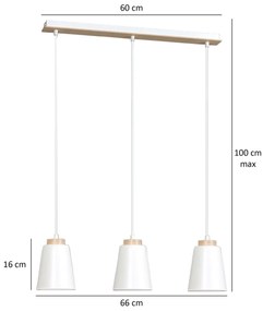 Lampadario 3 Luci Lancillotto Con Paralumi A Cono In Acciaio Bianco E Legno Naturale