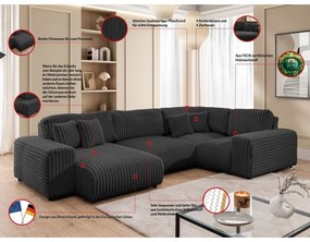 Divano angolare grigio scuro (con penisola a destra/a U) rivestito in velluto a coste Justin – Ropez