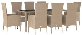 Set da pranzo da giardino 9 pz con cuscini beige in polyrattan