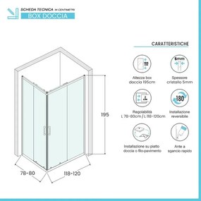 Box doccia angolare 80x120 cm nero opaco con doppio scorrevole Tay