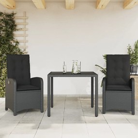 Set Da Pranzo Da Giardino 3 Pz Con Cuscini Nero İn Polyrattan /