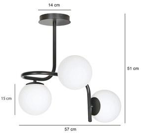 Lampadario 3 Luci Kalf In Acciaio Nero A Bracci E Sfere In Vetro Opalino