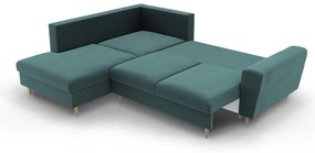 Divano angolare color petrolio allungabile e con contenitore (con penisola a sinistra/a L) con rivestimento in velluto Kyoto – Cosmopolitan Design