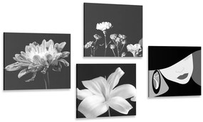 Set di quadri – Eleganza femminile e fiori in bianco e nero