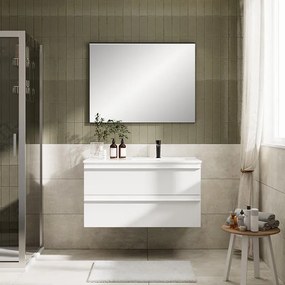 Mobile Linea L100 H55 P45 laccato bianco opaco 2 cassetti a chiusura ammortizzata e lavabo in ceramica vasca DX
