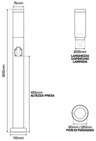 Paletto da giardino con Doppia Presa Corrente 80cm Acciaio Inox E27 Colore Inox