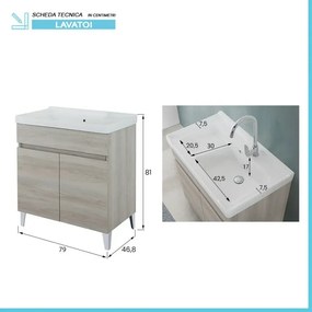 Mobile lavatoio 79x46,8 cm rovere grigio con vasca in ceramica bianca