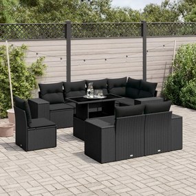 Set divani da giardino 9 pz con cuscini nero in polyrattan