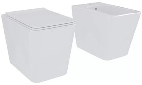 Set Di Sanitari Filomuro Coppia Vaso WC E Bidet Design Moderno Quadrato In Ceramica Con Copriwater Chiusura Soft Close Rallentata Con Sgancio Rapido Colore Bianco Lucido