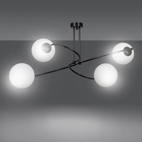 Plafoniera Moderna 4 Luci Nezha In Acciaio Nero E Sfere In Vetro Opale