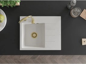 Mexen Ben lavello in granito 1-vasca con sgocciolatoio, sinistro 600 x 500 mm, bianco, sifone dorato - 6522605000-20-G