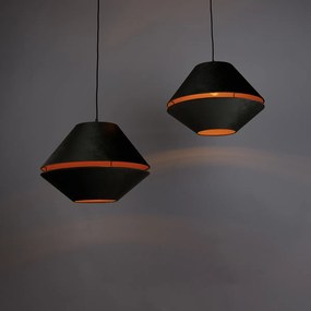 Lampada a sospensione nera con doppio paralume in velluto verde con interno dorato 2 luci - Cava Luxe
