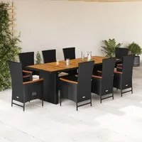 Set da Pranzo da Giardino 9 pz con Cuscini Nero in Polyrattan 3277524