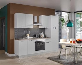 Cucina montata Dora bianco spatolato, lavello a sinistra, L 255 cm, completa di: cappa a camino, piano cottura a gas, forno e frigorifero