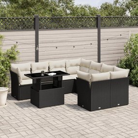 Set divani da giardino 9 pz con cuscini nero in polyrattan