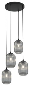 Lampadario 4 Luci Selene Base Tonda In Acciaio Nero E Vetri Plissettati Fumè