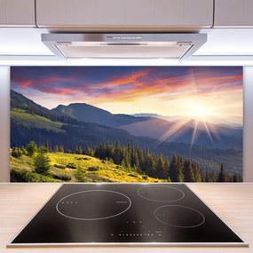 Pannello cucina paraschizzi Paesaggio del sole della montagna della foresta 100x50 cm