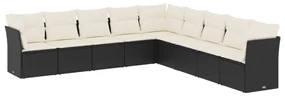 Set divani da giardino 9 pz con cuscini nero in polyrattan