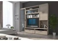 Parete attrezzata da soggiorno, Mobile porta TV con vetrina e pensili con scaffali, Salotto completo, cm 240x50h215, colore Rovere