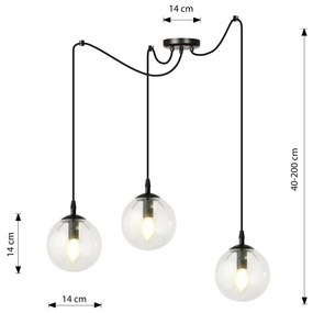 Lampadario 3 Luci Gigi In Acciaio Nero Con Cavo Lungo E Vetri Trasparente