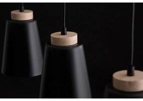 Lampadario 3 Luci Lancillotto Con Paralumi A Cono In Acciaio Nero E Legno Naturale